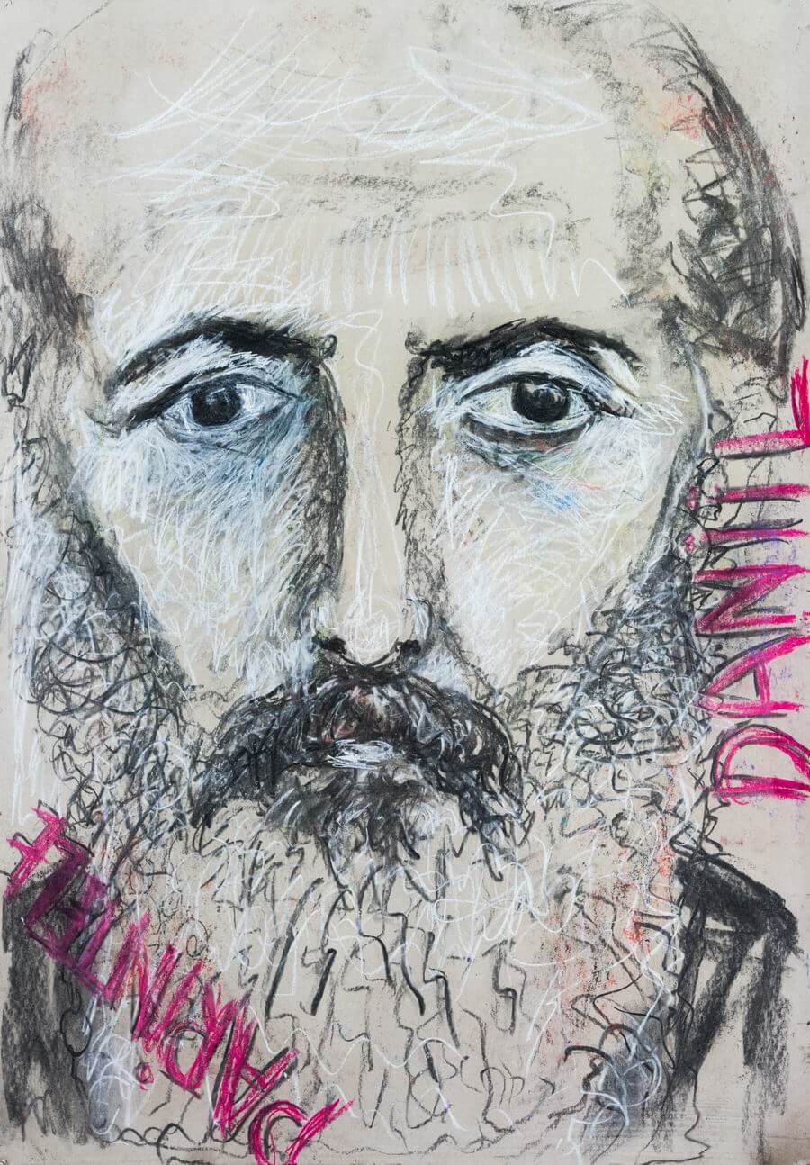 Părintele Daniil Sandu Tudor, lucrare de Silvia Radu din expoziția „Portretele martirilor din închisorile comuniste” în cadrul Simpozionului „Jertfă și creație”.